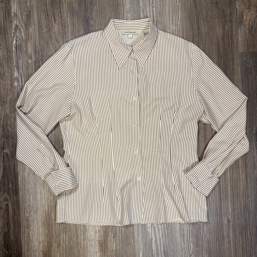 Ann Taylor Women 12 Silk Pinstripe Blouse Ivory Black Long Sleeve Button Down